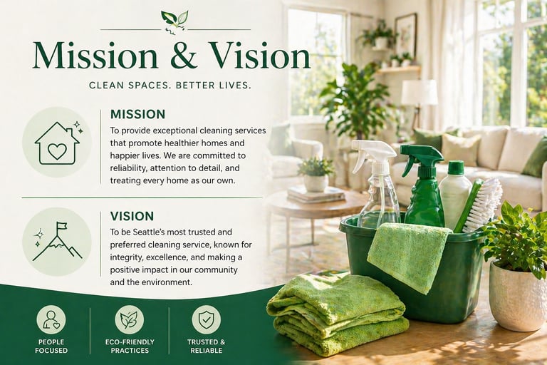 Professional cleaning services mission and vision statement with eco-friendly supplies in a bright living room.