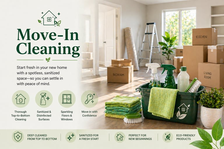 Professional move-in cleaning supplies and eco-friendly products in a new home with moving boxes.