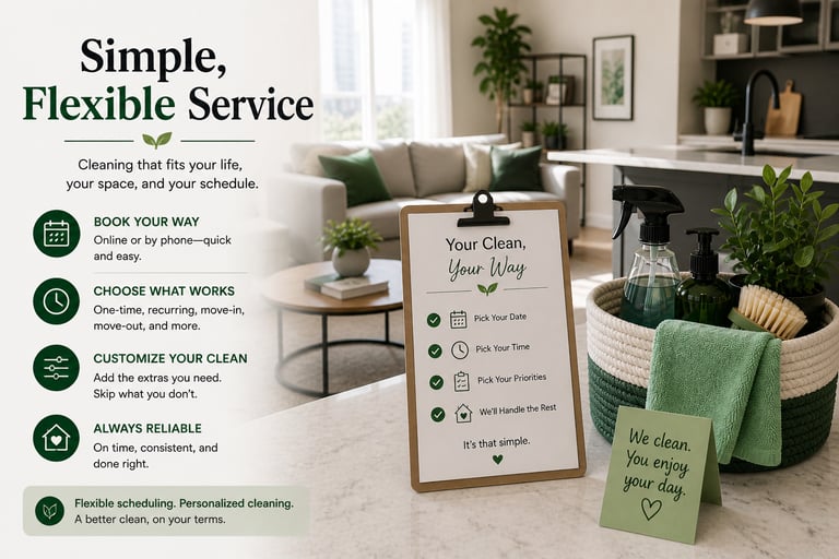 Professional house cleaning service advertisement featuring a checklist and cleaning supplies in a modern home.