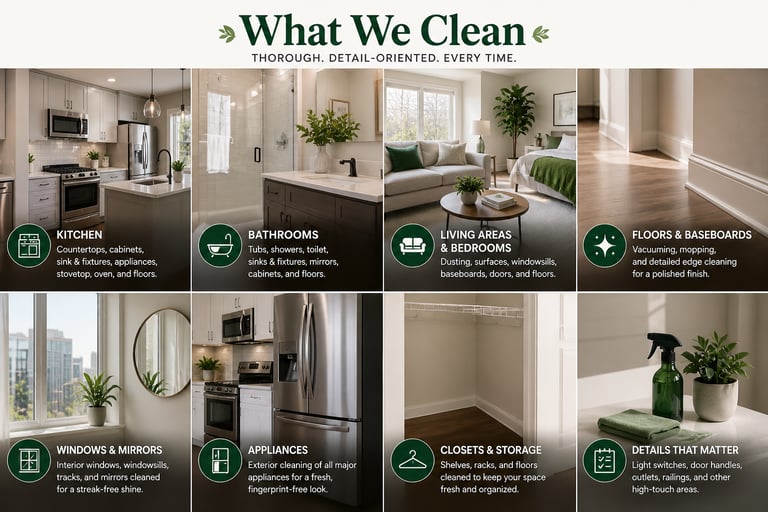 Professional house cleaning service checklist showing clean kitchen, bathroom, living room, and bedroom areas.