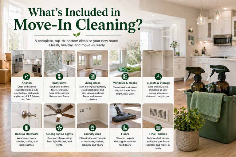 Checklist showing move-in cleaning services for kitchens, bathrooms, and floors in a new home.