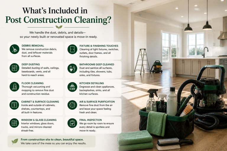 Post-construction cleaning services checklist for residential homes featuring professional cleaning supplies and equipment.