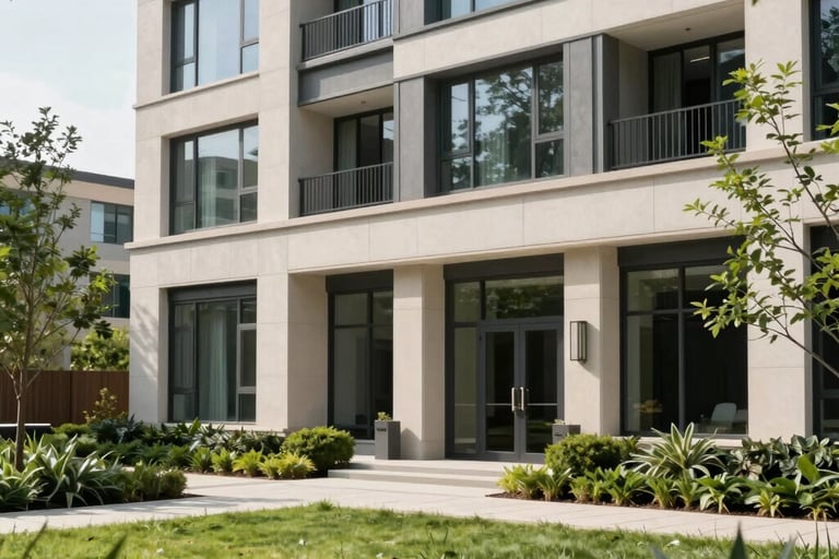 A professional photography shot of a modern, sophisticated building exterior in a North American suburban setting with clean architecture and lush green landscaping, exuding trustworthiness and stability.