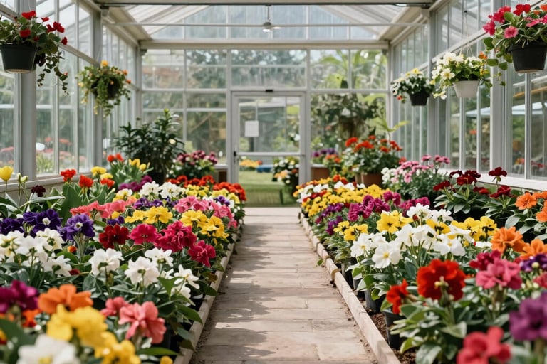 A sunlit, modern North American greenhouse with glass walls, filled with neat rows of vibrant blooming flowers and a clean stone path.