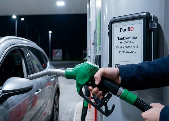 wygeneruj obraz użytkownika tankującego samochód na stacji paliw Orlen, w tle obok dystrybutora do t