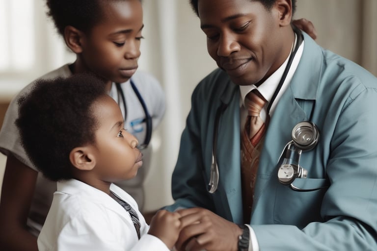 A compassionate African American male pediatrician examines a young boy during a medical checkup.