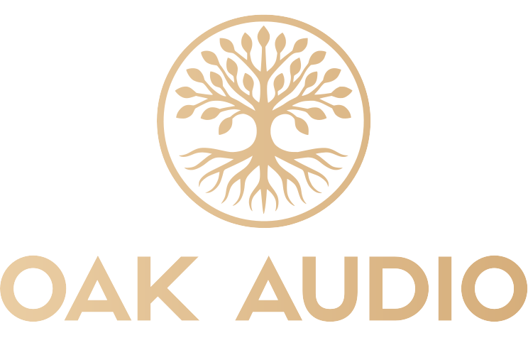Gold Oak Audio logo featuring a circular tree of life icon with roots and branches on a black background.