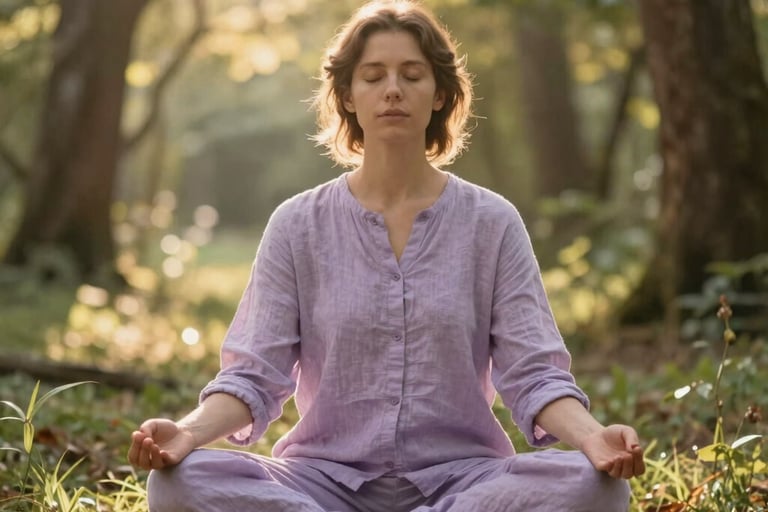 Soft focus photography of a person meditating in a sun-drenched North American woodland clearing. The person wears light lavender linen. The atmosphere is ethereal with golden light filtering through trees. Serene, enlightened mood.