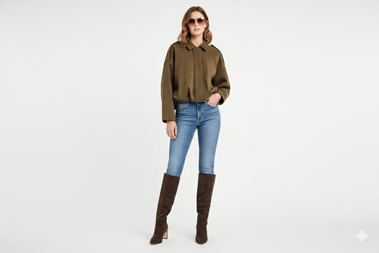 a woman in a green faux jacket, jeans and boots