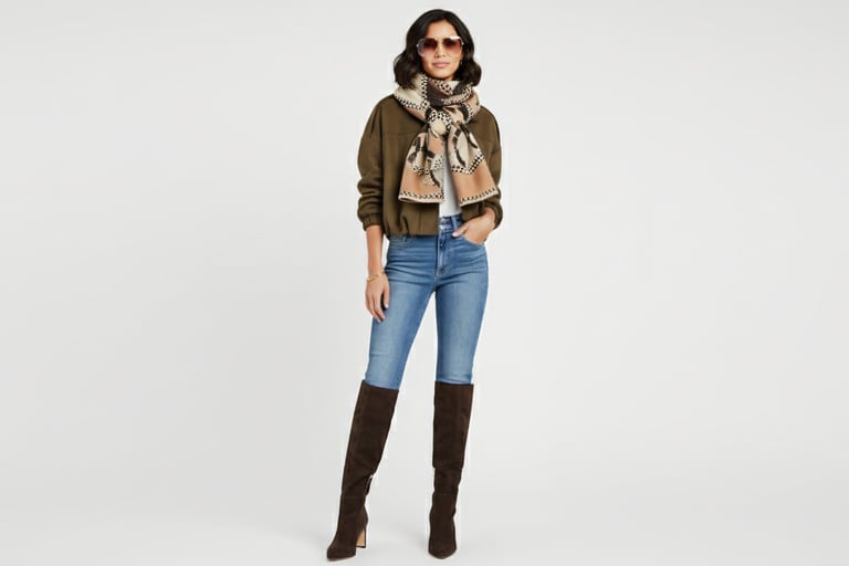 a woman in a jacket, jeans, scarf and boots standing in front of a white background