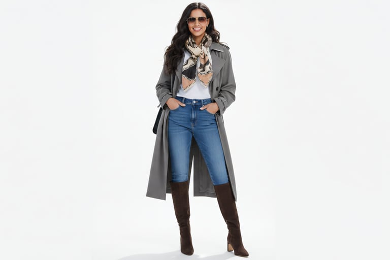 a woman in a trench coat, jeans and boots