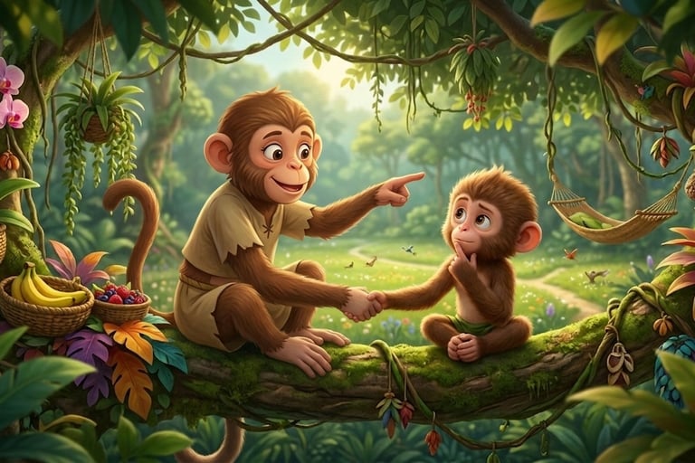 Cute cartoon monkeys sitting on a tree branch in a lush tropical jungle with vibrant flowers.