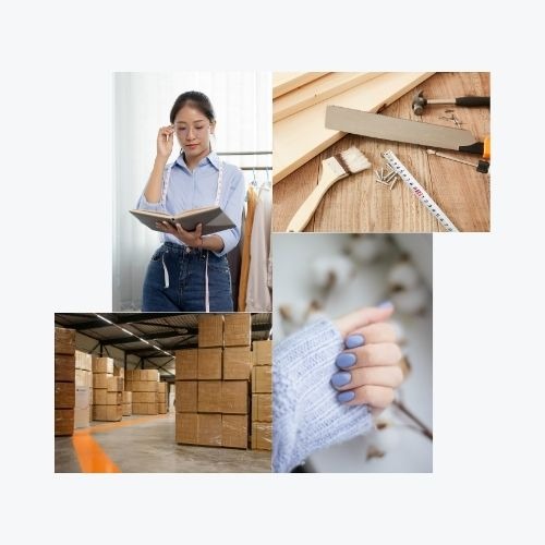 Colab com imagens de quatro profissões: corte e costura, marcenaria, logística e manicure