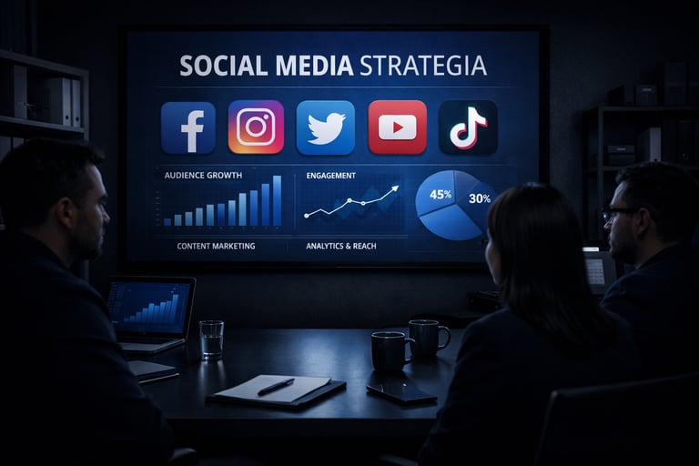 Spotkanie w agencji marketingowej — prezentacja strategii i analiza danych dla skutecznych działań online.