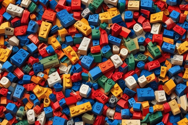 A colorful overhead pile of assorted plastic building blocks and interlocking toy bricks for creative play.