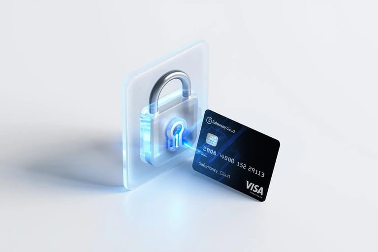 Futuristic secure access concept with Safemoney.cloud card unlocking digital lock using premium security key clean background