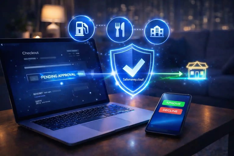 business expenses approved in real time on phone Safemoney.cloud showing fuel hotel restaurant spending protection