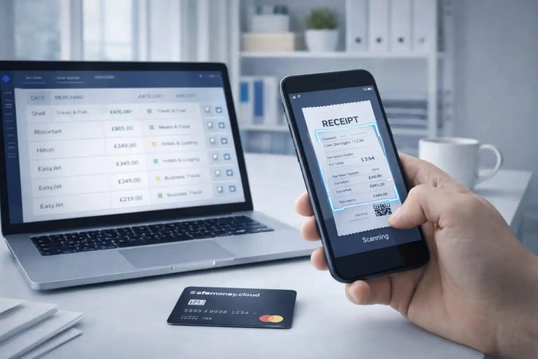 Employee scans purchase receipt with smartphone linked to Safemoney.cloud business payment card for accounting proof