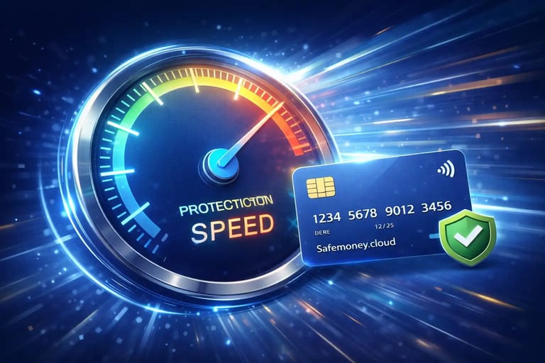 Payment card security speedometer showing real time fraud protection fast transaction control and instant payment approval