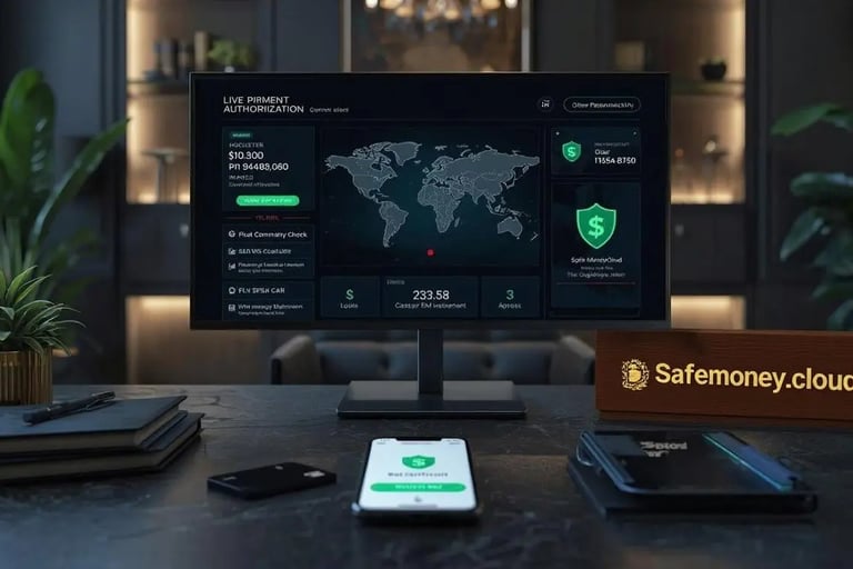 Modern fintech workspace with security dashboard on monitor a wooden desk plaque engraved Safemoney.cloud in gold lettering