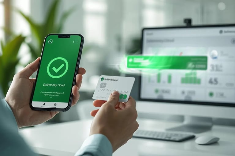 User confirming Safemoney.cloud payment on smartphone while holding white card, green approval check