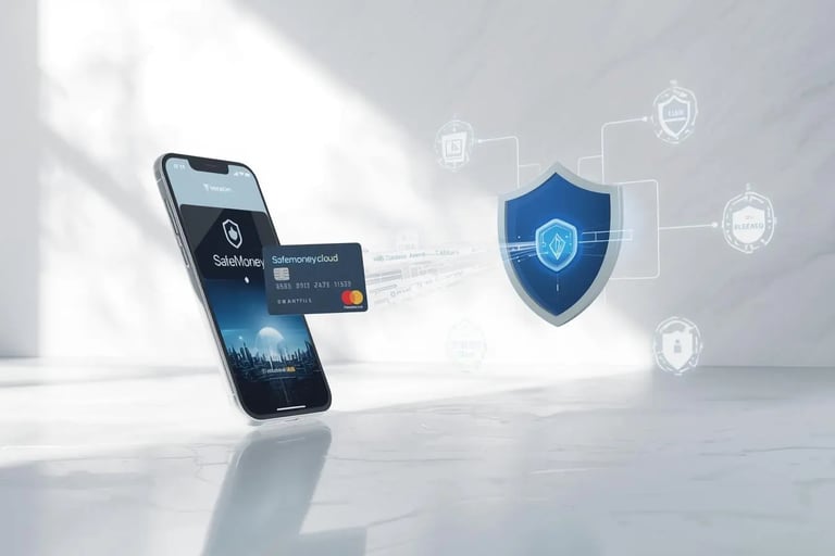 Safemoney.cloud analyzes a transaction in real time, digital shield scanning payment flow before app