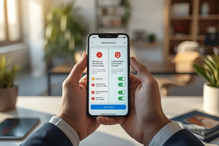 User holding smartphone with Safemoney.cloud transaction details showing approval and security check