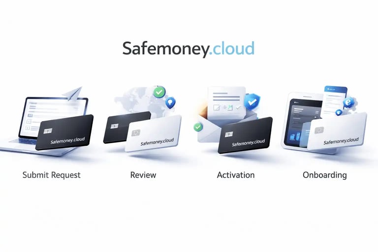 afemoney.cloud onboarding 4 step process with secure fintech cards and activation workflow high tech SaaS illustration