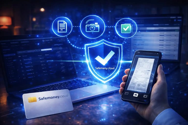 Employee scans business receipt with Safemoney.cloud app instant validation system in secure futuristic payment environment