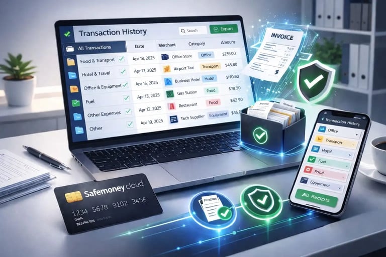 Safemoney.cloud dashboard showing organized transactions, scanned invoices, secure shield real-time expense tracking 