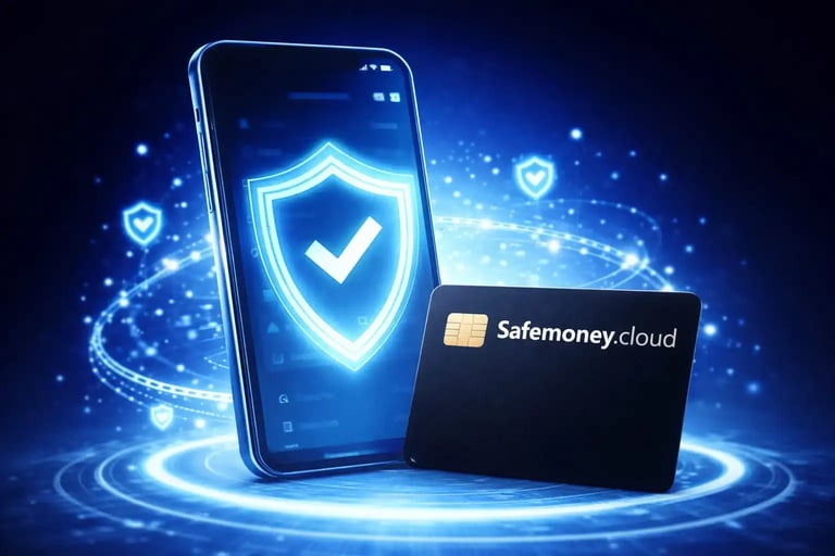 Safemoney.cloud black debit card with secure smartphone shield protection glowing blue fintech cybersecurity payment concept