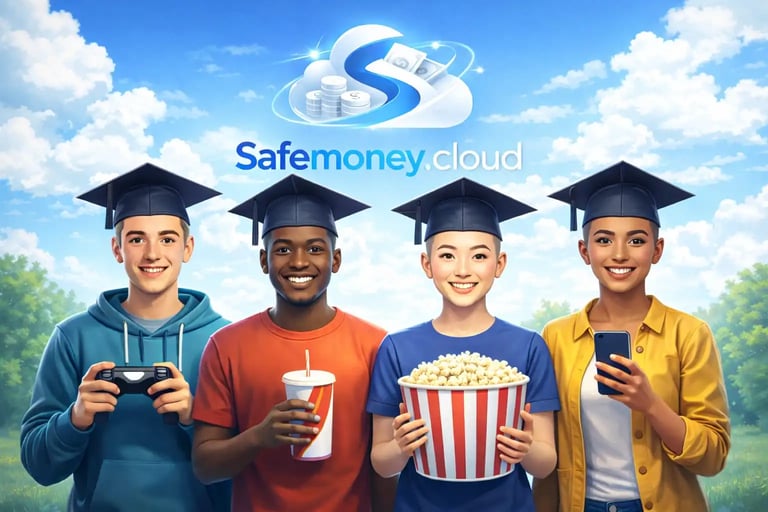 Students group wearing graduation caps  under Safemoney.cloud in daylight showing smart spending guidance