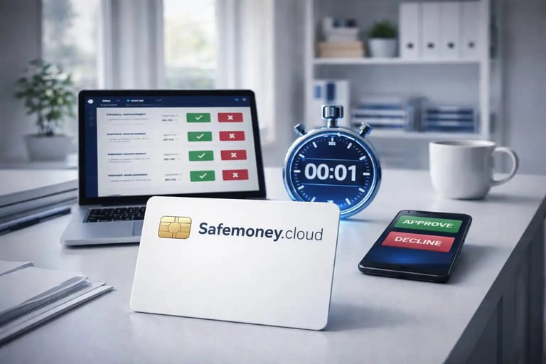 White Safemoney.cloud card stopwatch security shield on office desk showing real time payment monitoring approval control