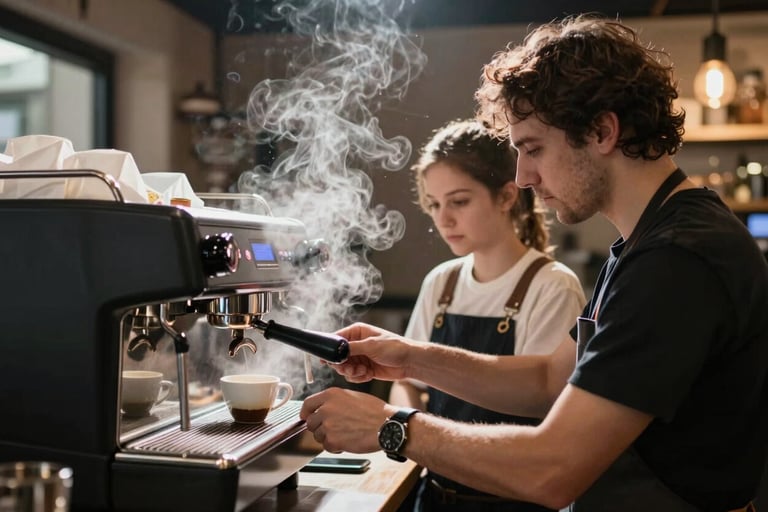 A professional coffee consultant training a young barista on a high-end espresso machine. Focused atmosphere, steam rising, modern Turkish / Anatolian cafe background, sharp focus, premium lifestyle photography.