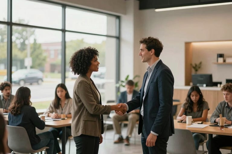 A high-quality photography shot of a modern, airy community center in a North American suburb where diverse leaders are shaking hands, conveying trust and progress.