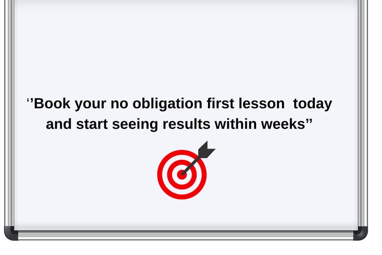 Whiteboard with a bullseye icon offering a no-obligation 1st online Maths lesson quickly 