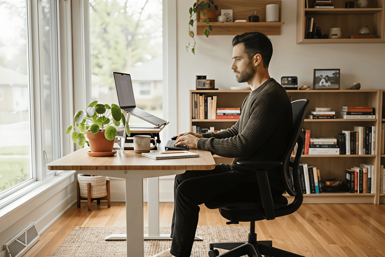 Remote worker practicing healthy desk posture in a modern home office setup.
