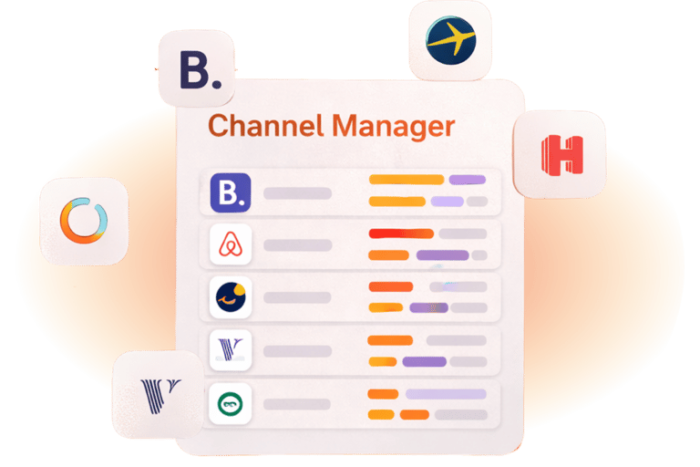A channel manager software interface showing synchronized OTA icons for Airbnb, Booking.com, and Expedia.