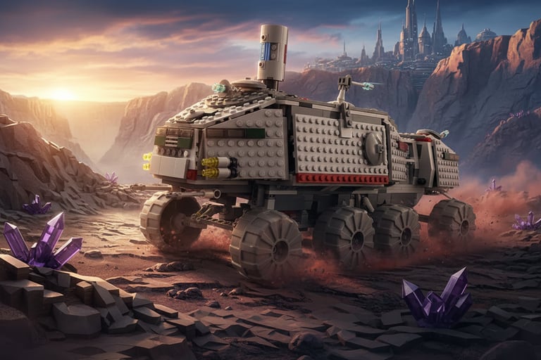 véhicule LEGO Star Wars Clone Turbo Tank (modèle 75151) se déplaçant lentement sur un terrain accidenté