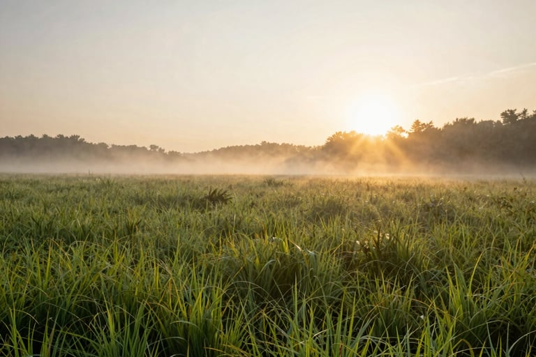 A breathtaking wide-angle shot of a lush North American meadow at dawn. Soft golden sunlight filters through the morning mist and tall green grass, creating a tranquil atmosphere of hope and new beginnings.