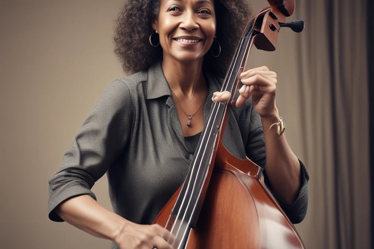A warm, inviting photo of a mature woman smiling gently, seated comfortably with a notebook and pen, suggesting openness and readiness to reconnect with her dreams.