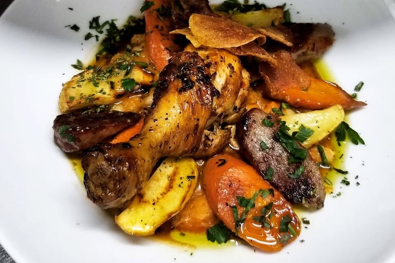 Beautiful plated roast chicken meal at Tonic Martinborough