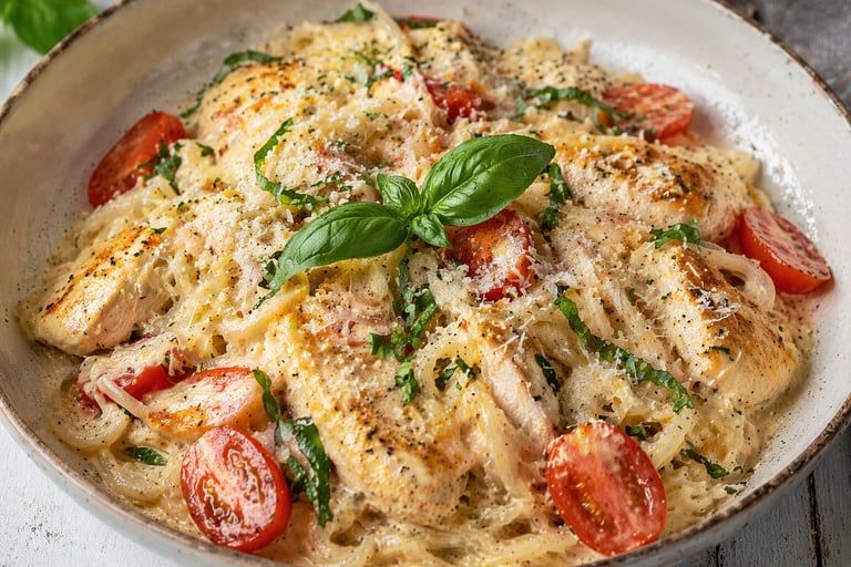 Cremige Keto-Hähnchen-Pasta mit Tomaten & Basilikum