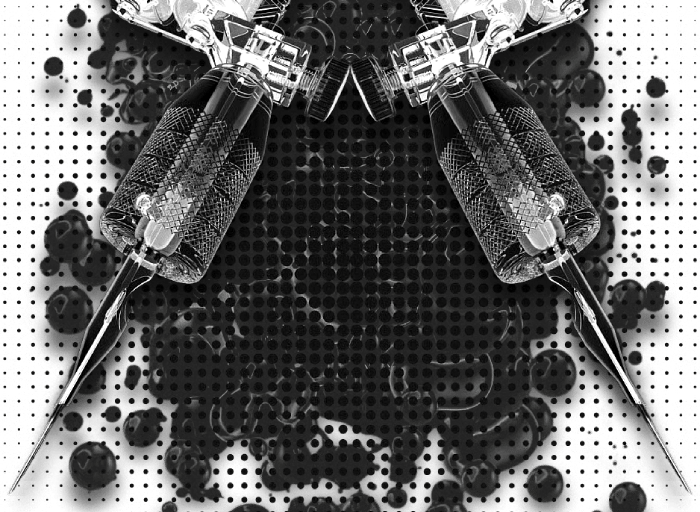Two scalp micropigmentation tattoo machines with black pigment in a dark artistic design.
