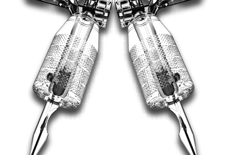 Symmetrical black and white artistic rendering of professional coil tattoo machines against a grid background.