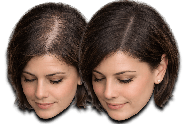 a before/after photo of a woman who has received an SMP treatment on her scalp