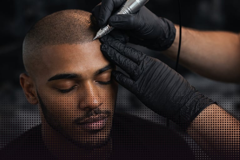 Professional scalp micropigmentation procedure creating a natural hairline for a man with thinning hair.