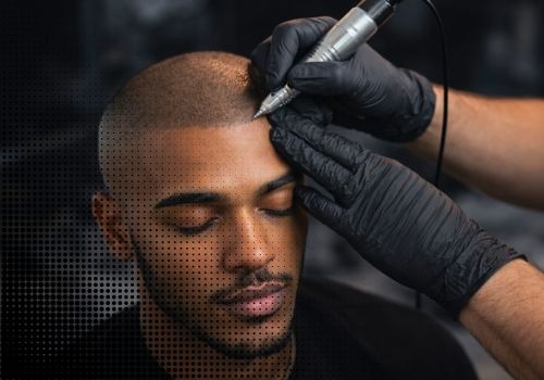 Professional scalp micropigmentation procedure creating a natural hairline for a man with hair loss.