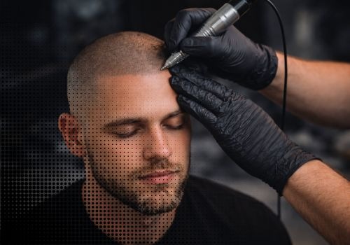 Professional scalp micropigmentation treatment for a man to simulate hair follicles and density.