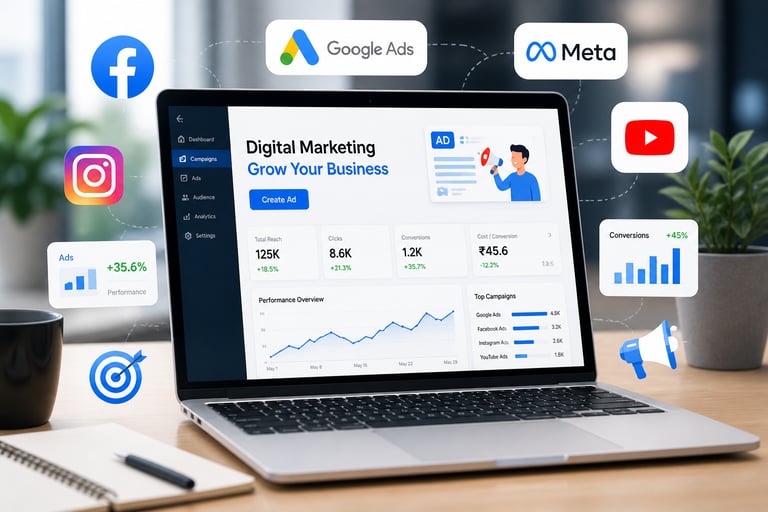 Digital marketing dashboard on a laptop showing analytics for Google Ads, Meta, and social media campaigns.